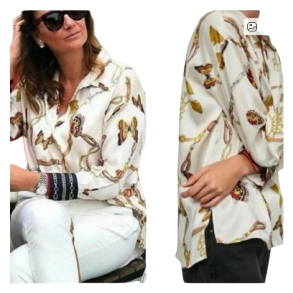 Zara Basic  Women Cream Multicolor Floral Print Satin Effect Blouse Size Small